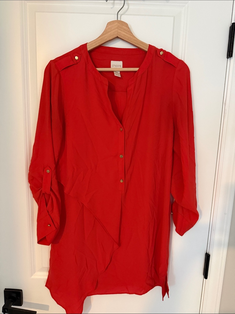 Chico's Orange-Red Button-Front Tunic with Epaulet Detail